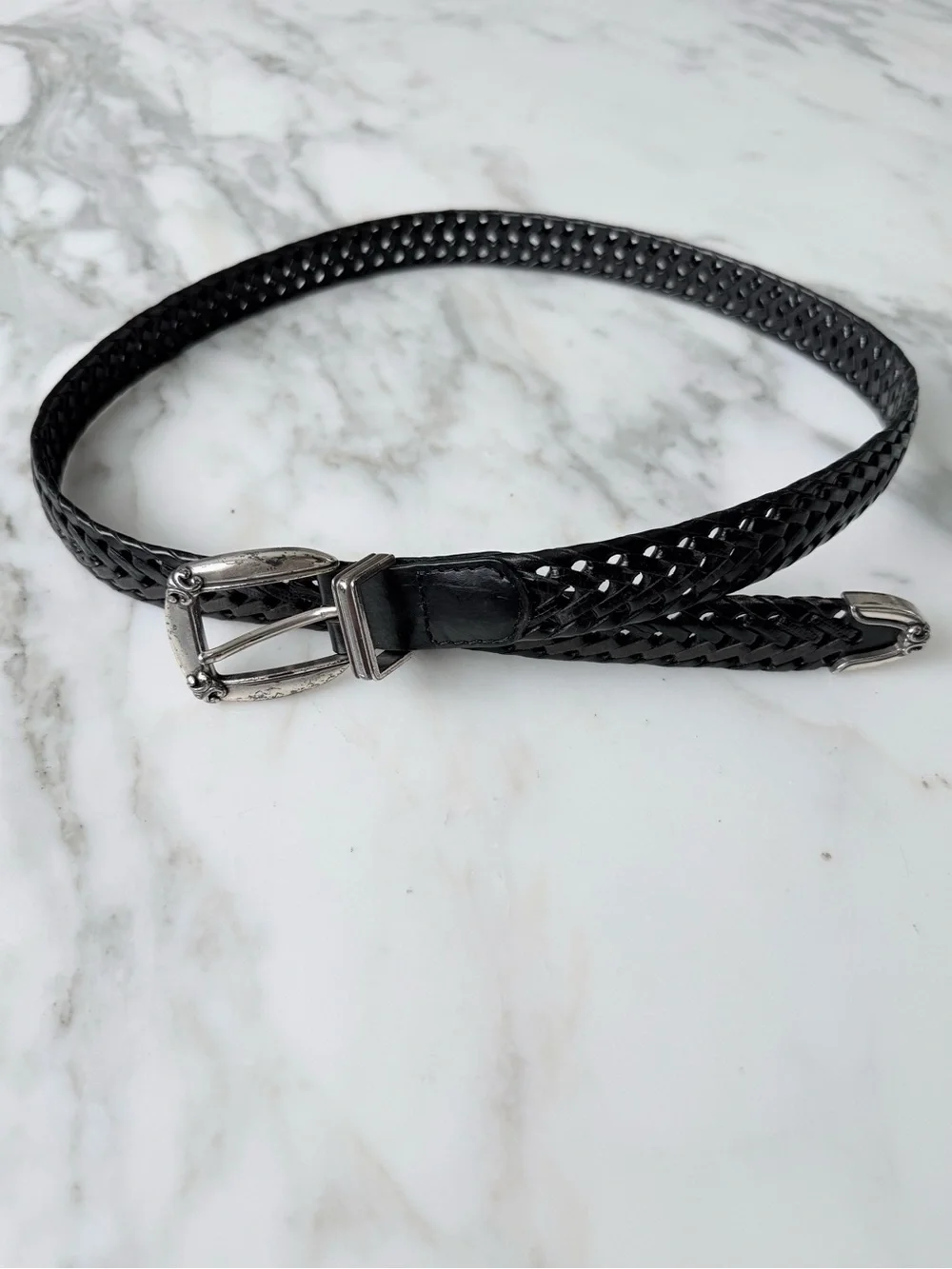 Vintage Fossil Black Leather Braided Belt w/ Silver Accents